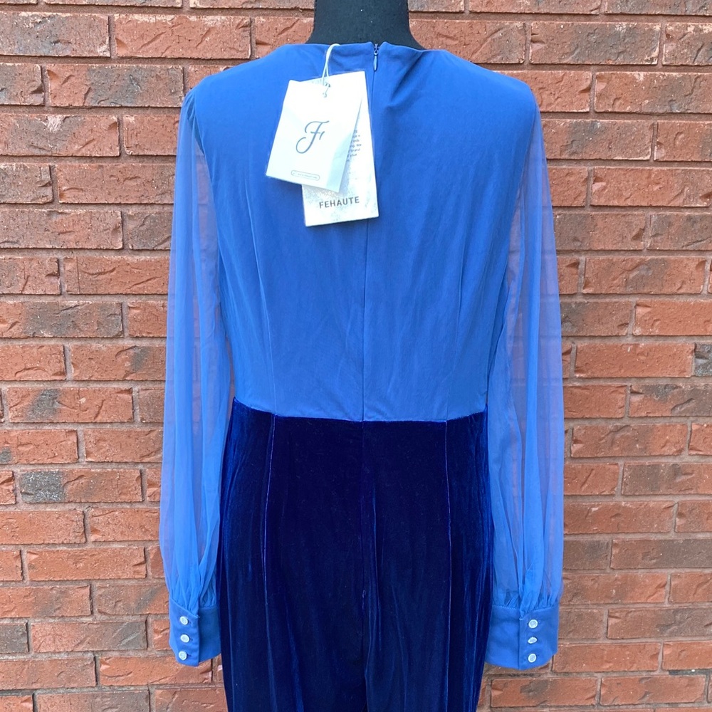 NWT Fehaute Royal Blue Mesh V Neck Long Sleeve Velvet Jumpsuit 10 - Picture 9 of 14